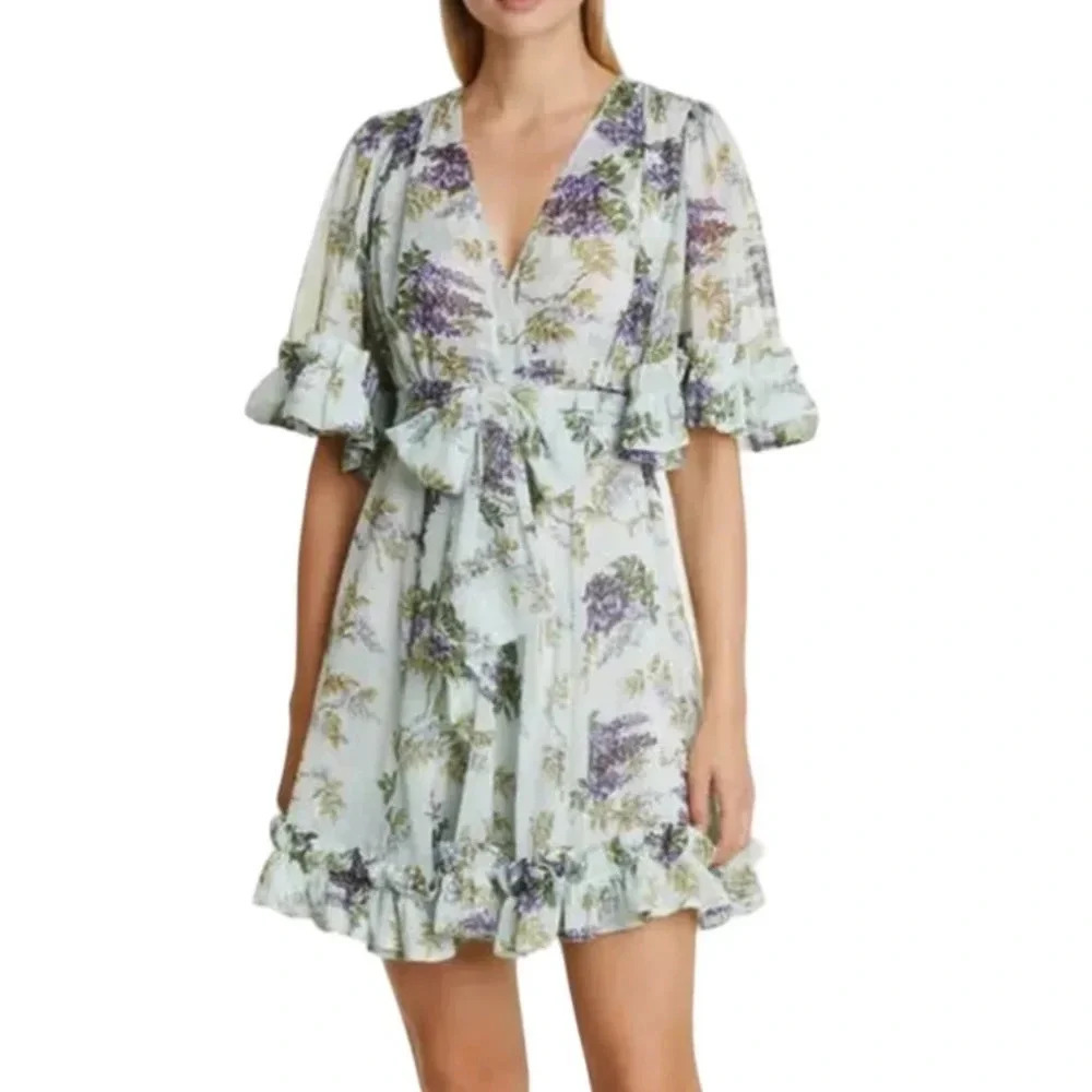 NEW ByTimo Wallpaper Floral Chiffon Mini Dress Size XXS Blue